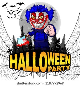 Halloween Party Poster with evil clown on a white isolated background. Vector illustration.