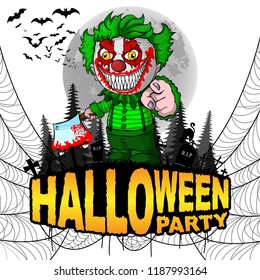 Halloween Party Poster with evil clown on a white isolated background. Vector illustration.