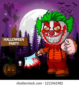 Halloween Party Poster with evil clown. Vector illustration.