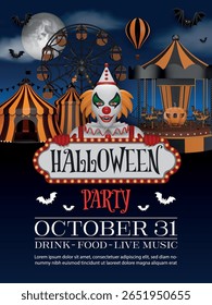 halloween party poster with evil clown and funfair. halloween celebration flyer with amusement park and scary clown