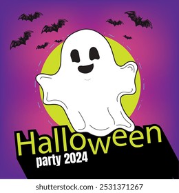 A Halloween party poster features a happy ghost with a frown on its face, surrounded by bats flying in the background. The image also includes a moon and stars as part of the festive decoration.