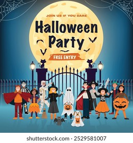 Afiche de la fiesta de Halloween con niños con disfraces divertidos, brujas, esqueletos y fantasmas, reunidos frente a una puerta bajo una brillante luna llena.