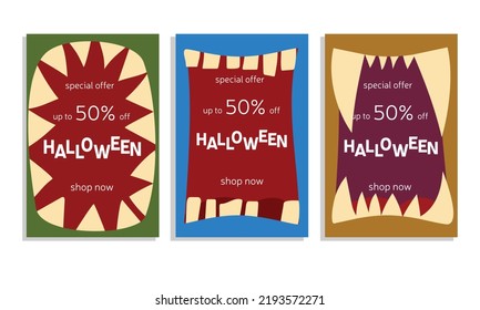 Halloween party poster or flyer background, vector monster celebration holiday. Happy Hallowing and party invitation poster with dead monster or vampire teeth and blood in mouth treat or trick holiday