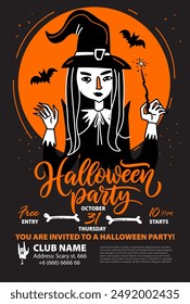 Halloween Party Poster, Flyer, Einladung mit Lovely Witch im Karnevalskostüm mit Kegelmütze. Halloween-Party-Banner-Design-Vorlage.