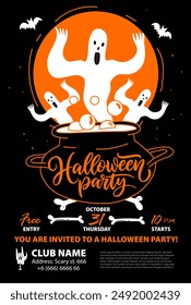 Halloween party poster, flyer with Scary Haunted Mansion with ghosts and full moon. Halloween party banner design template.