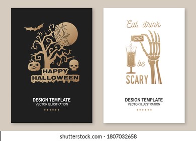 Halloween party poster, flyer, template. Vector illustration. Trick or Beer. Halloween invitation or greeting cards. Skeleton hands with glasses of magic beers.