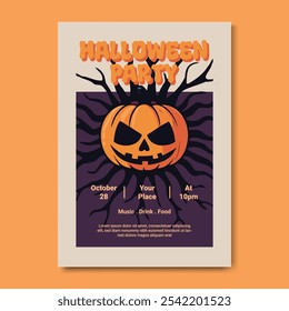 Fiesta de Halloween Póster Flyer Plantilla Spooky Calabaza Jack-O'-Lantern Ilustración. Plantilla para promocionar fiestas, atracciones embrujadas y reuniones estacionales y eventos emocionantes.