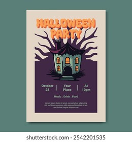 Halloween Party Poster Flyer Template, featuring a striking haunted house themed illustration. Template for parties, haunted attractions, and Halloween celebrations. 