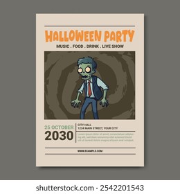 Halloween Party Poster Flyer Template, featuring a spooky zombie-themed illustration. Halloween events, parties, or haunted attractions, creating an atmosphere of fun and fright.