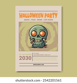 Halloween Party Poster Flyer Template, Featuring a striking skull zombie themed illustration. Template for parties, haunted attractions, and Halloween celebrations. 