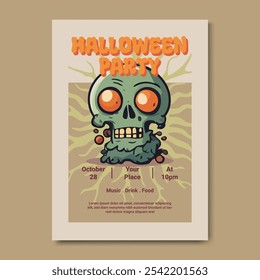 Halloween Party Poster Flyer Template, Featuring a striking skull zombie themed illustration. Template for parties, haunted attractions, and Halloween celebrations.