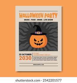 Fiesta de Halloween Póster Flyer Plantilla Spooky Calabaza Jack-O'-Lantern Ilustración. Diseño y Elementos atmosféricos. Plantilla para promocionar fiestas, atracciones embrujadas y reuniones estacionales 