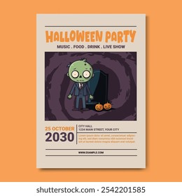 Halloween Party Poster Flyer Template, featuring a spooky zombie-themed illustration. Halloween events, parties, or haunted attractions, creating an atmosphere of fun and fright.