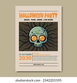 Halloween Party Poster Flyer Template, Featuring a striking skull zombie themed illustration. Template for parties, haunted attractions, and Halloween celebrations.