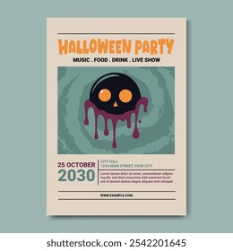 Halloween Party Poster Flyer Template Monster Themed Illustration. For promoting Halloween parties, haunted houses, and spooky gatherings, this template showcases a detailed, eerie zombie surrounded b