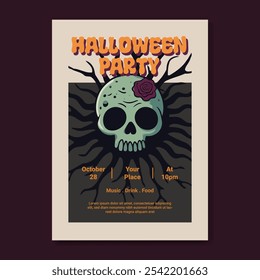 Halloween Party Poster Flyer Template Featuring a striking skull zombie themed illustration. Template for parties, haunted attractions, and Halloween celebrations.