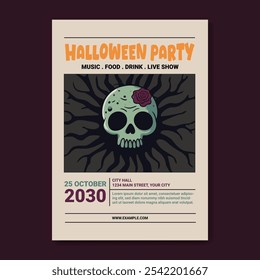 Halloween Party Poster Flyer Template, Featuring a striking skull zombie themed illustration. Template for parties, haunted attractions, and Halloween celebrations, event announcements.