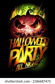Halloween Party Poster, Flyer Or Web Banner With Golden Title And Evil Shiny Pumpkin, Vector Illustration