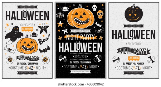 Halloween party poster, flyer, web banner design with typography. Funny vintage concept with hand drawn illustration. 