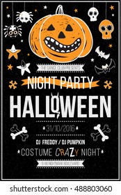 Halloween party poster, flyer, web banner design with typography. Funny vintage concept with hand drawn illustration. 