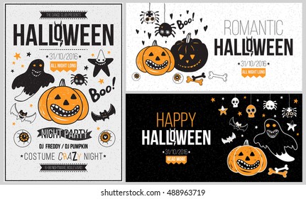 Halloween party poster, flyer, web banner design with typography. Funny vintage concept with hand drawn illustration. 