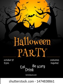 halloween party poster with full moon, scary trees, bats