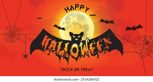 Halloween Party Poster with full moon, demon bats and Spider Web for  banners, posters, greetings, flyer and Halloween celebrations.