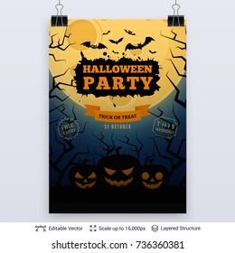 Halloween party poster. Full Moon and pumpkins. Vector layered background with text block.