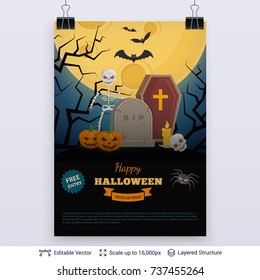 Halloween party poster. Full Moon over the grave. Vector layered background with text block.