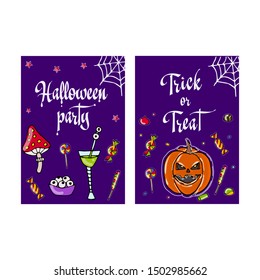 Halloween party poster. Funny halloween card with halloween symbols. Party invitation design.