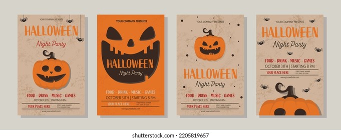Halloween Party poster with funny pumpkin.  Collection of brochures. Vector illustration