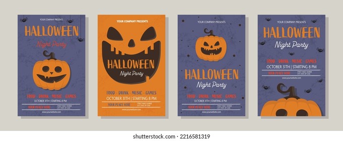 Halloween Party poster with funny pumpkin.  Collection of brochures. Vector illustration