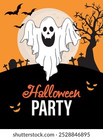 Cartaz da festa de Halloween. Fantasma em um cemitério