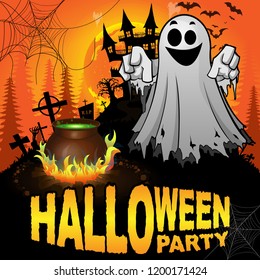 Halloween Party Poster with ghost. Vector illustration.