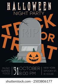 halloween party poster with grave and pumpkin, trick or treat