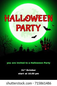 Halloween  party  poster. Green  background with  castle, cemetery,  bats  and moon.  Vector  template  for  card, flyer or  invitation.