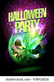 Halloween party poster with green burning spooky disco ball and copy space for text