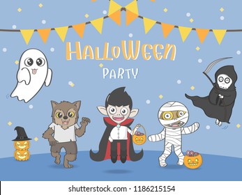 Halloween party poster with group of cute halloween costume. Vector and illustration