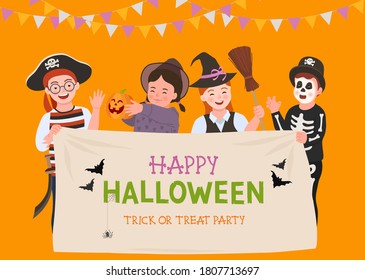 Halloween Party poster. Group of fun kids in halloween costume. Vector illustration