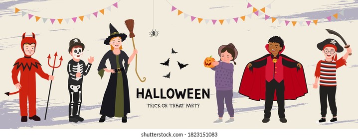 Halloween Party poster. Group of funny kids in halloween costume. Vector illustration