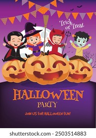 Halloween Party poster with group of kids in Halloween costume vector illustration