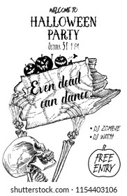 Halloween Party Poster. Hand drawn invitation greeting card for Halloween holidays with handwritten words and phrases calligraphy greetings. Even saints can dance. Vector.