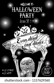 Halloween Party Poster. Hand drawn invitation greeting card for Halloween holidays with handwritten words and phrases calligraphy greetings. Even saints can dance. Vector.