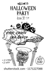 Halloween Party Poster. Hand drawn invitation greeting card for Halloween holidays with handwritten words and phrases calligraphy greetings. Even saints can dance. Vector.