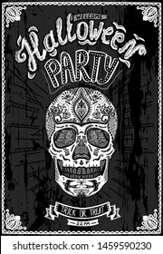 Halloween party poster with hand drawn skull on a chalkboard, vintage style