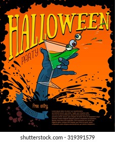 Halloween party poster poster with the hand of the zombie holding a glass with alcohol