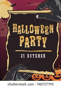 Halloween party poster with hand zombie and pumpkin ghost.
