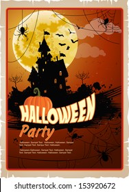 Halloween party. Poster happy holiday. Night background with moon, silhouettes of a terrible mysterious castle