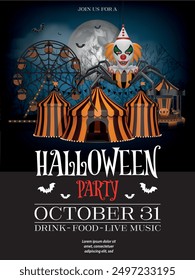 halloween party poster with haunted amusement park. halloween flyer with evil clown with spider legs on scary landscape