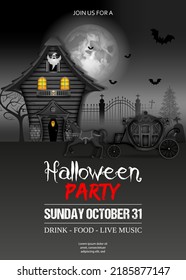 halloween party poster with haunted house and black carriage